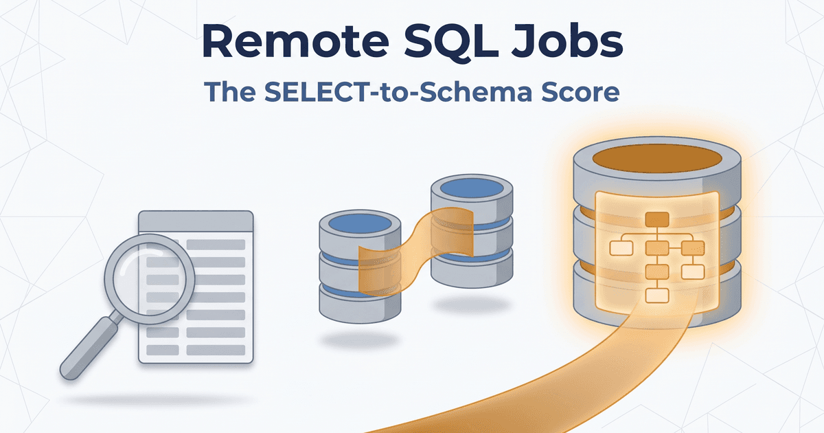 Illustrated magazine-cover graphic for remote SQL jobs: beneath the title Remote SQL Jobs and the subtitle The SELECT-to-Schema Score, three flat-illustrated objects rise left to right, a magnifying glass over a single data table card with plain gray rows, a pair of database cylinders joined by a flowing amber ribbon, and a large layered database cylinder glowing amber with a panel of connected boxes on its face, a curved amber path sweeping up into it from the bottom edge