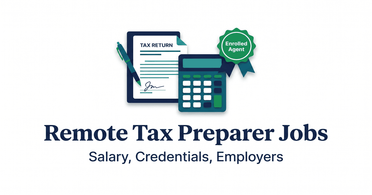 Illustrated magazine-style cover for a remote tax preparer career guide with a signed tax return, a calculator, and a credential seal