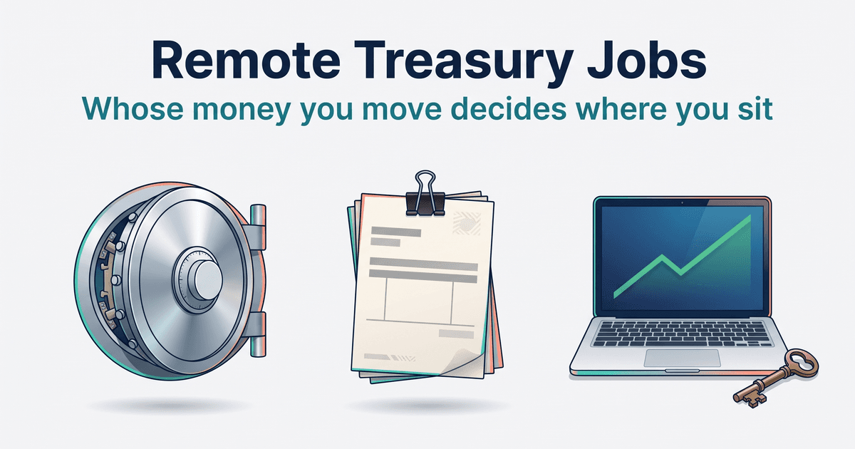 Illustrated cover on a light gray canvas with the navy title Remote Treasury Jobs and the teal subtitle Whose money you move decides where you sit centred at the top. Below, left to right: a round steel bank vault door swung slightly open, its locking bolts showing along the edge and a plain dial ringed with tick marks; a short stack of cream paper slips edged in teal and coral, showing only gray bars and ruled lines and held by a black binder clip; and a silver laptop whose navy screen shows a single rising green line, with a brass key at its front right corner