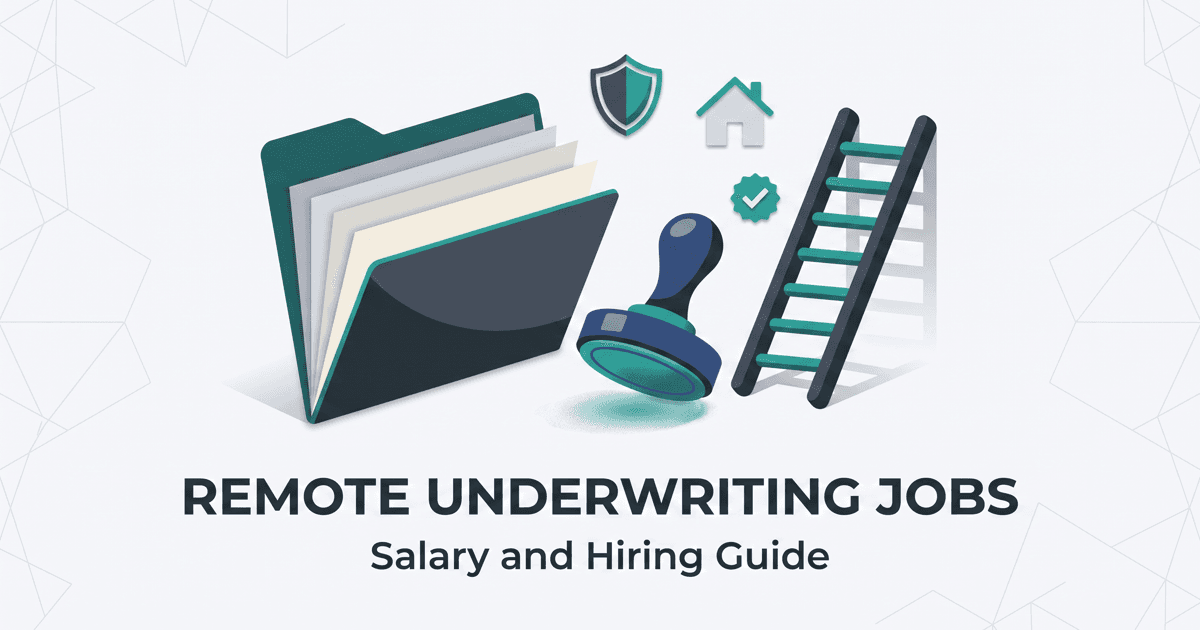 Illustrated magazine-style cover for the remote underwriting jobs guide with a risk file, a signature stamp, and a rising pay ladder on a light background