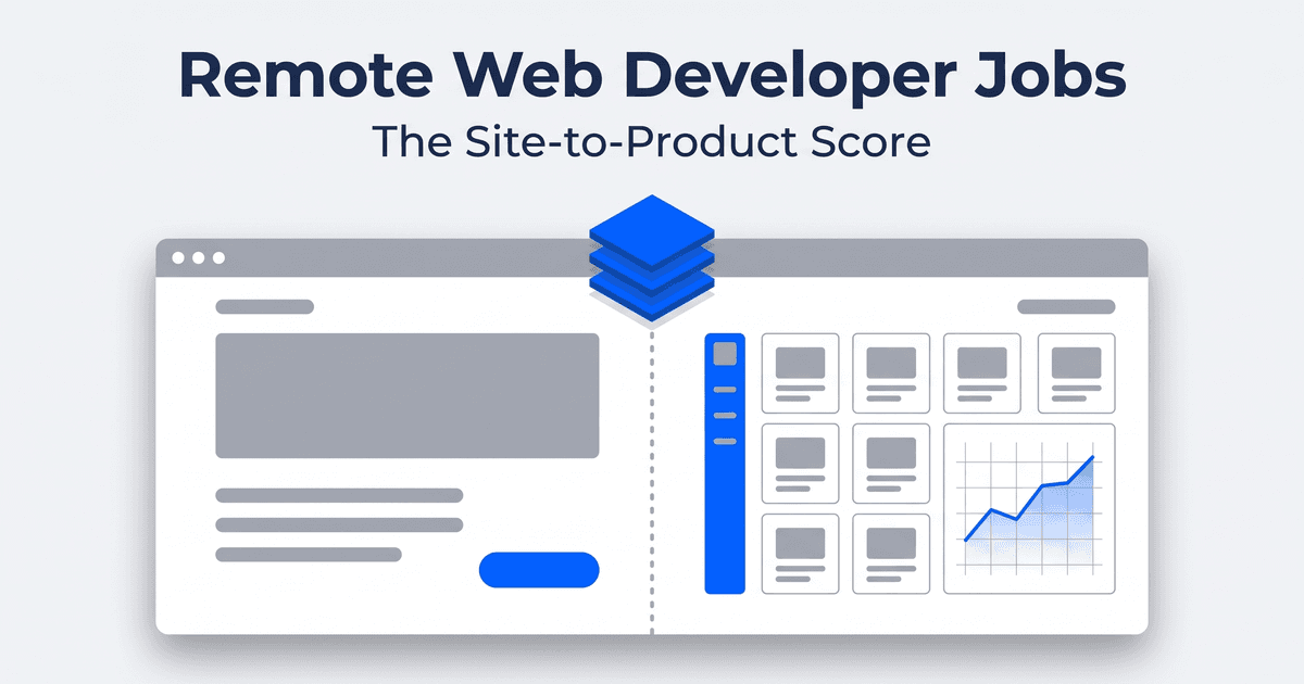 Illustrated magazine-cover graphic for remote web developer jobs: one large browser window split by a dotted seam, a plain marketing page with a banner block, gray text bars and a rounded button on the left and an application interface with a narrow sidebar, a grid of small cards and a rising line chart on the right, with three electric-blue component blocks floating above the seam, all under the title Remote Web Developer Jobs and the subtitle The Site-to-Product Score