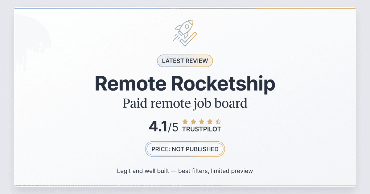 Remote Rocketship review โ verdict card showing the paid remote job board's Trustpilot rating and key findings