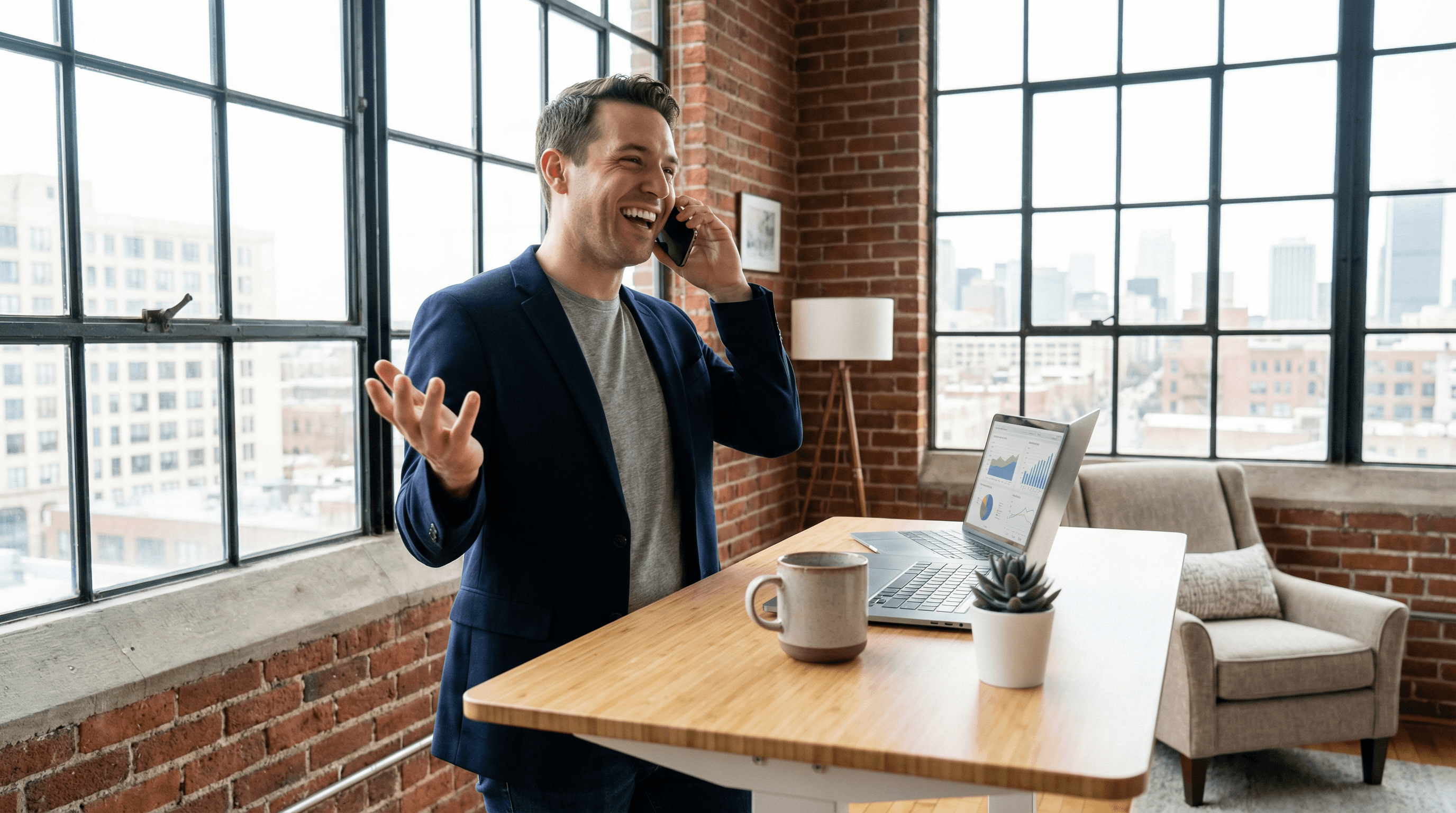 Remote sales professional working from home office with laptop and headset